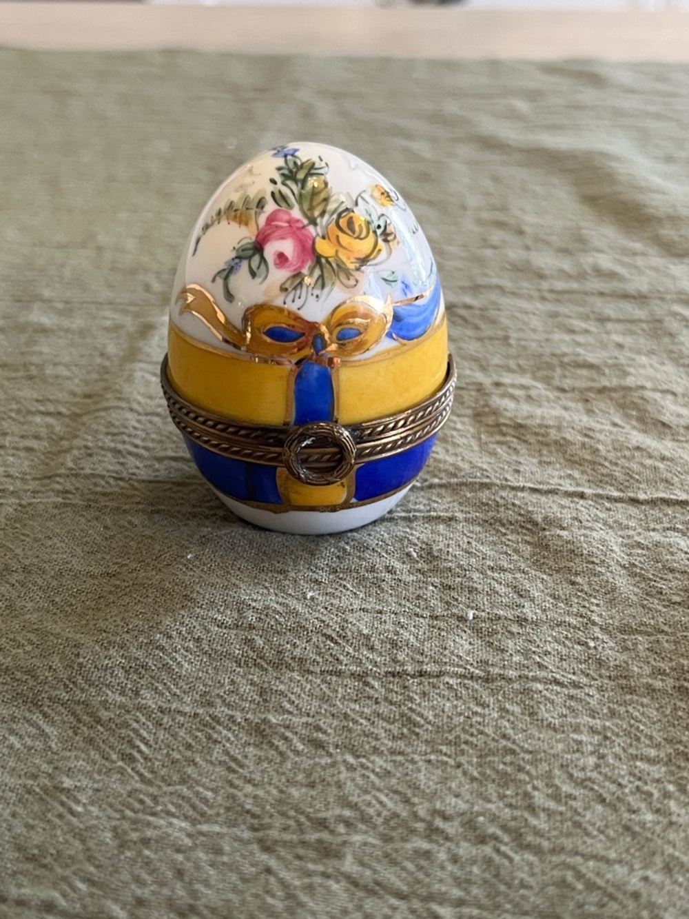 Limoges Porcelain Egg Trinket Box in Blue, Yellow, Gold, Pink